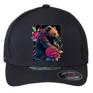 Design Featuring A Bear In Vibrant Neon Colors With A Retro Aesthetic Flexfit Unipanel Trucker Cap