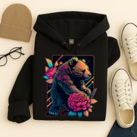 Design Featuring A Bear In Vibrant Neon Colors With A Retro Aesthetic Hoodie