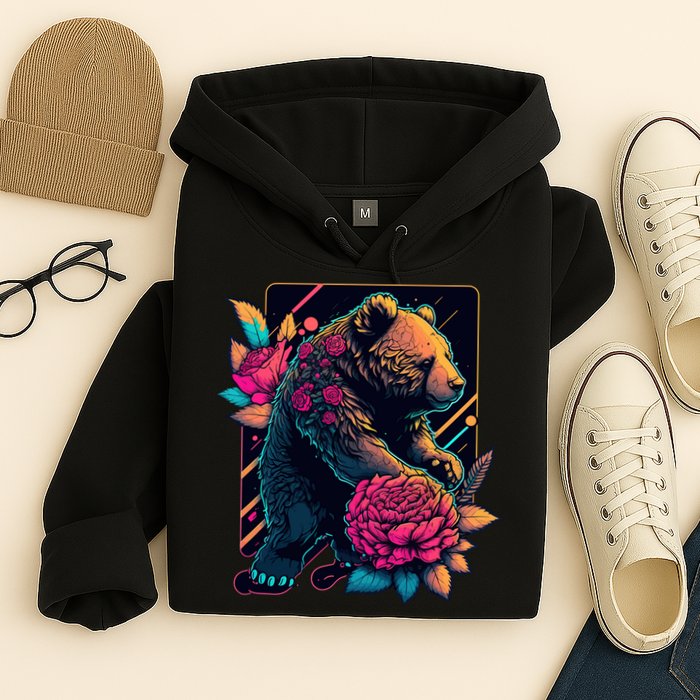 Design Featuring A Bear In Vibrant Neon Colors With A Retro Aesthetic Hoodie