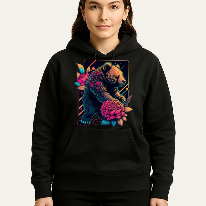 Design Featuring A Bear In Vibrant Neon Colors With A Retro Aesthetic Hoodie