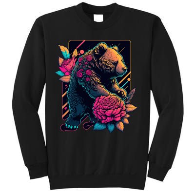 Design Featuring A Bear In Vibrant Neon Colors With A Retro Aesthetic Sweatshirt