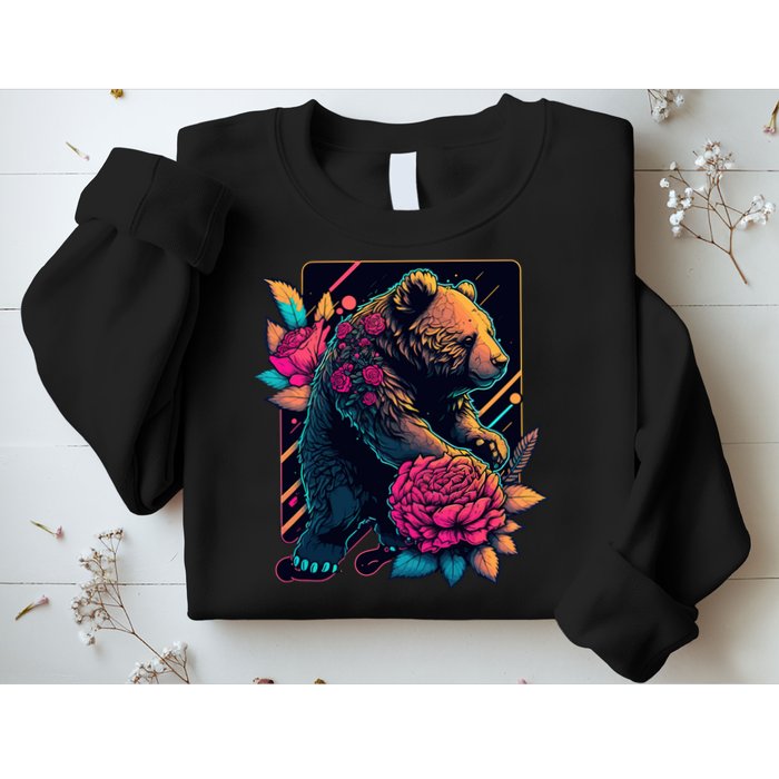 Design Featuring A Bear In Vibrant Neon Colors With A Retro Aesthetic Sweatshirt