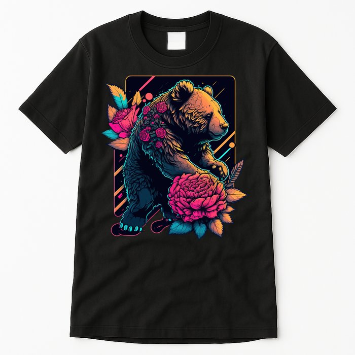 Design Featuring A Bear In Vibrant Neon Colors With A Retro Aesthetic Tall T-Shirt