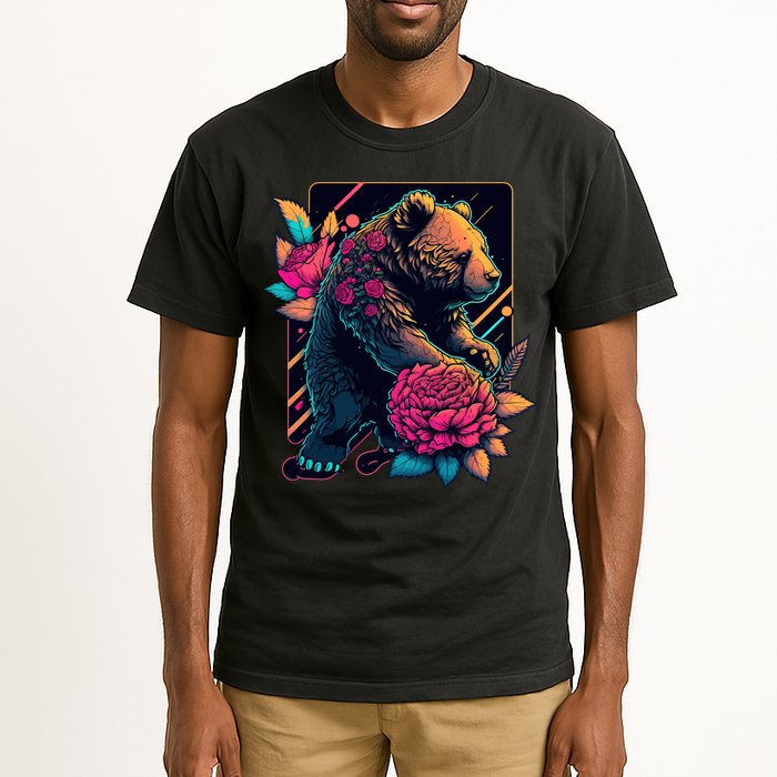 Design Featuring A Bear In Vibrant Neon Colors With A Retro Aesthetic Tall T-Shirt