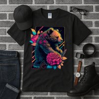 Design Featuring A Bear In Vibrant Neon Colors With A Retro Aesthetic Tall T-Shirt