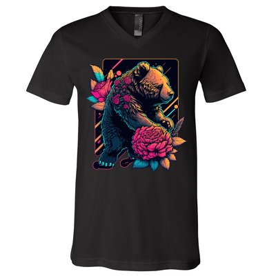 Design Featuring A Bear In Vibrant Neon Colors With A Retro Aesthetic V-Neck T-Shirt