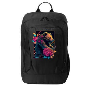 Design Featuring A Bear In Vibrant Neon Colors With A Retro Aesthetic City Backpack