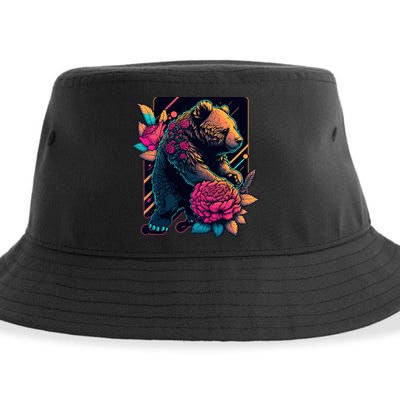 Design Featuring A Bear In Vibrant Neon Colors With A Retro Aesthetic Sustainable Bucket Hat