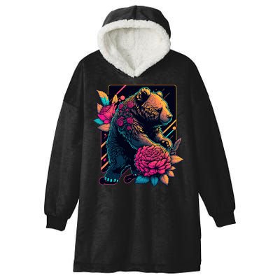 Design Featuring A Bear In Vibrant Neon Colors With A Retro Aesthetic Hooded Wearable Blanket