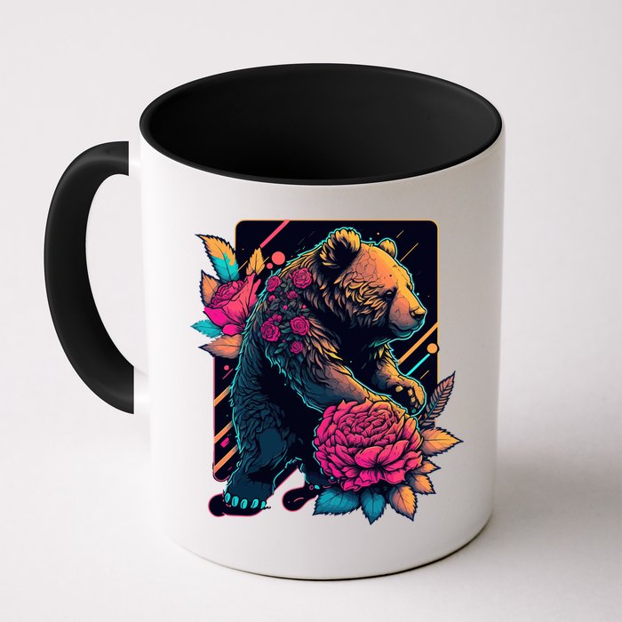 Design Featuring A Bear In Vibrant Neon Colors With A Retro Aesthetic Mug