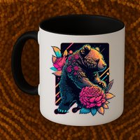 Design Featuring A Bear In Vibrant Neon Colors With A Retro Aesthetic Mug