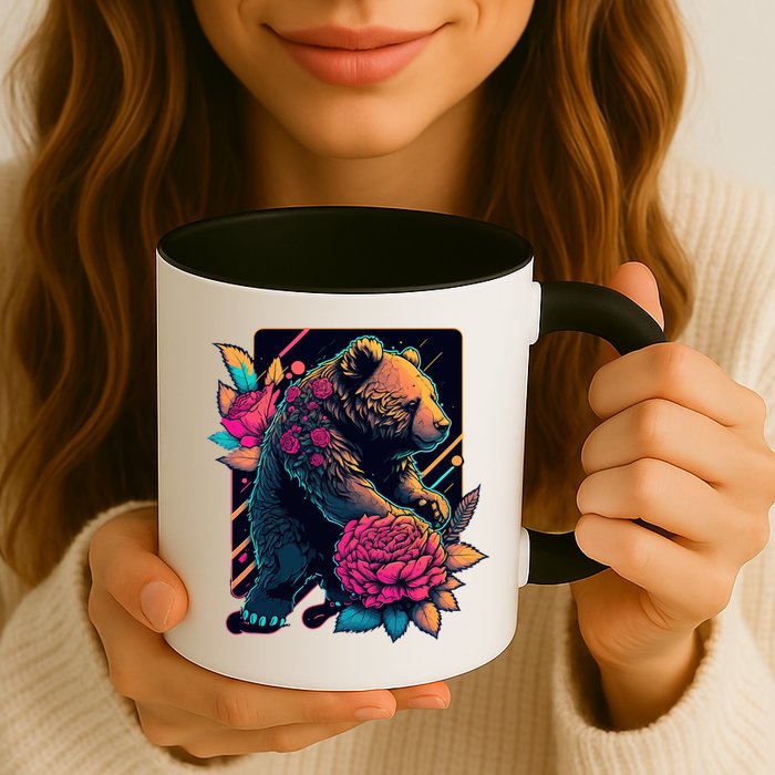 Design Featuring A Bear In Vibrant Neon Colors With A Retro Aesthetic Mug