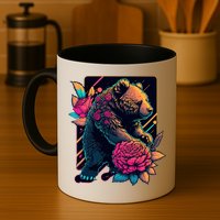 Design Featuring A Bear In Vibrant Neon Colors With A Retro Aesthetic Mug