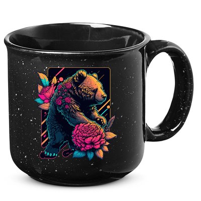 Design Featuring A Bear In Vibrant Neon Colors With A Retro Aesthetic 15oz Campfire Ceramic Mug