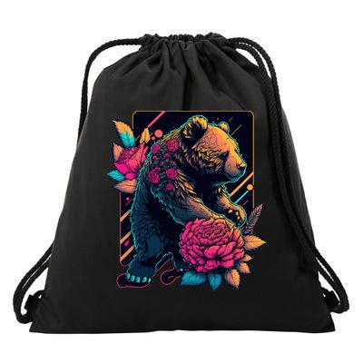 Design Featuring A Bear In Vibrant Neon Colors With A Retro Aesthetic Drawstring Bag