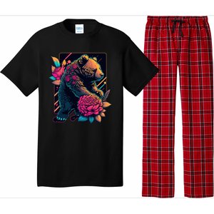 Design Featuring A Bear In Vibrant Neon Colors With A Retro Aesthetic Pajama Set