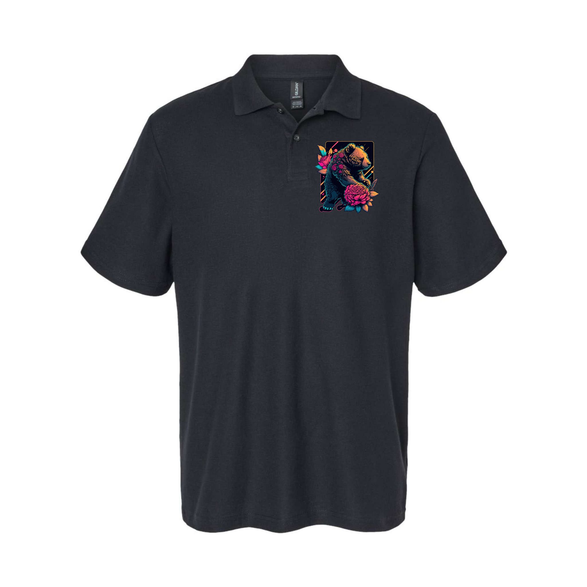 Design Featuring A Bear In Vibrant Neon Colors With A Retro Aesthetic Polo