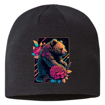 Design Featuring A Bear In Vibrant Neon Colors With A Retro Aesthetic Sustainable Beanie