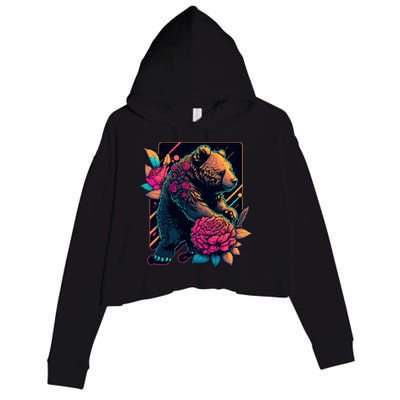 Design Featuring A Bear In Vibrant Neon Colors With A Retro Aesthetic Crop Fleece Hoodie