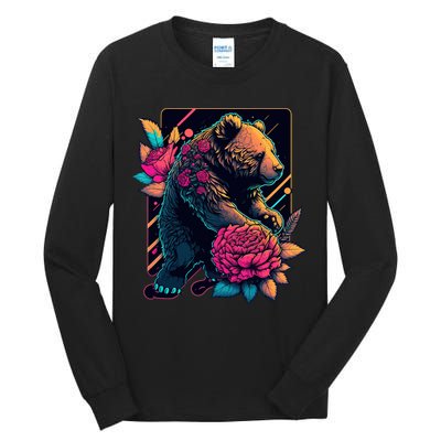 Design Featuring A Bear In Vibrant Neon Colors With A Retro Aesthetic Tall Long Sleeve T-Shirt