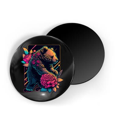 Design Featuring A Bear In Vibrant Neon Colors With A Retro Aesthetic Magnet