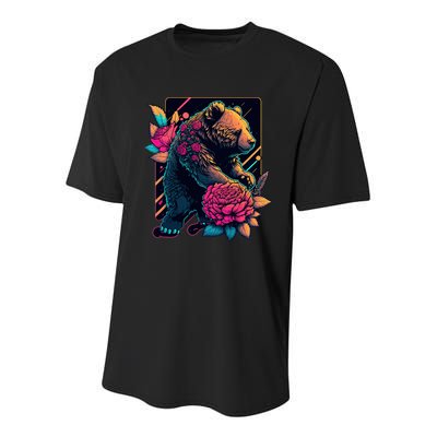 Design Featuring A Bear In Vibrant Neon Colors With A Retro Aesthetic Youth Performance Sprint T-Shirt