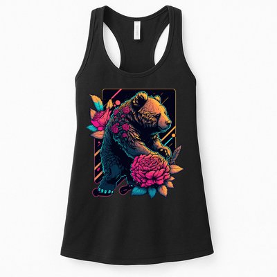 Design Featuring A Bear In Vibrant Neon Colors With A Retro Aesthetic Womens Tank Top