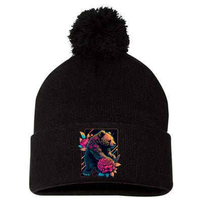 Design Featuring A Bear In Vibrant Neon Colors With A Retro Aesthetic Pom Pom 12in Knit Beanie