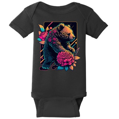 Design Featuring A Bear In Vibrant Neon Colors With A Retro Aesthetic Baby Bodysuit