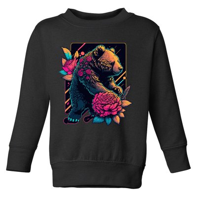 Design Featuring A Bear In Vibrant Neon Colors With A Retro Aesthetic Toddler Sweatshirt