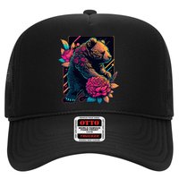 Design Featuring A Bear In Vibrant Neon Colors With A Retro Aesthetic Trucker Hat