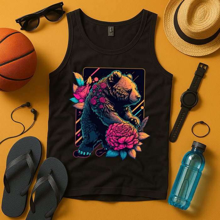 Design Featuring A Bear In Vibrant Neon Colors With A Retro Aesthetic Tank Top