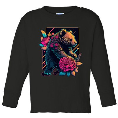 Design Featuring A Bear In Vibrant Neon Colors With A Retro Aesthetic Toddler Long Sleeve Shirt