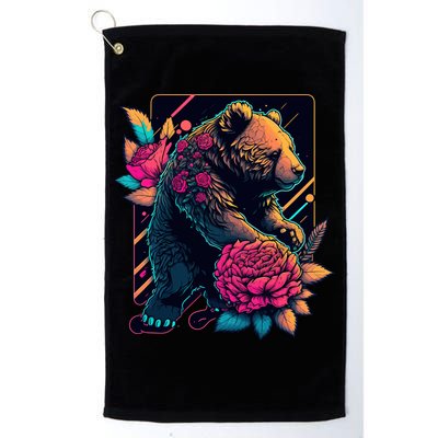 Design Featuring A Bear In Vibrant Neon Colors With A Retro Aesthetic Golf Towel