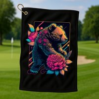 Design Featuring A Bear In Vibrant Neon Colors With A Retro Aesthetic Golf Towel
