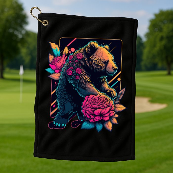 Design Featuring A Bear In Vibrant Neon Colors With A Retro Aesthetic Golf Towel