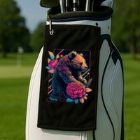 Design Featuring A Bear In Vibrant Neon Colors With A Retro Aesthetic Golf Towel