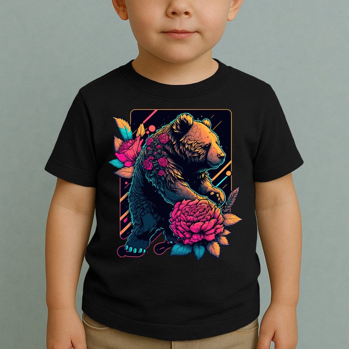 Design Featuring A Bear In Vibrant Neon Colors With A Retro Aesthetic Toddler T-Shirt