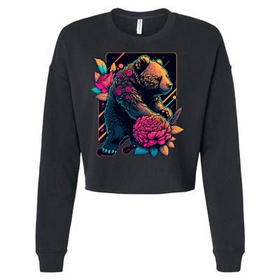 Design Featuring A Bear In Vibrant Neon Colors With A Retro Aesthetic Cropped Pullover Crew