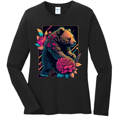 Design Featuring A Bear In Vibrant Neon Colors With A Retro Aesthetic Ladies Long Sleeve Shirt