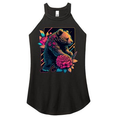 Design Featuring A Bear In Vibrant Neon Colors With A Retro Aesthetic Women's Perfect Tri Rocker Tank