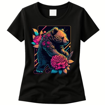 Design Featuring A Bear In Vibrant Neon Colors With A Retro Aesthetic Womens T-Shirt