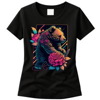 Design Featuring A Bear In Vibrant Neon Colors With A Retro Aesthetic Womens T-Shirt