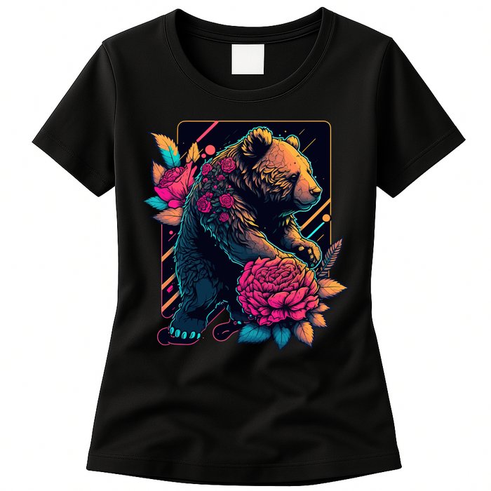 Design Featuring A Bear In Vibrant Neon Colors With A Retro Aesthetic Womens T-Shirt