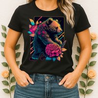 Design Featuring A Bear In Vibrant Neon Colors With A Retro Aesthetic Womens T-Shirt