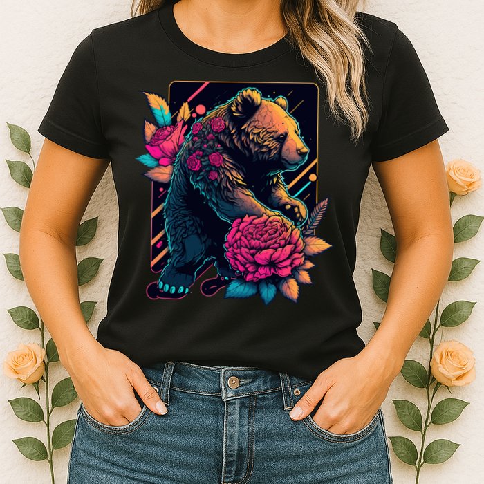 Design Featuring A Bear In Vibrant Neon Colors With A Retro Aesthetic Womens T-Shirt