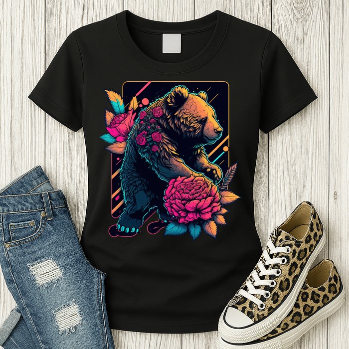 Design Featuring A Bear In Vibrant Neon Colors With A Retro Aesthetic Womens T-Shirt