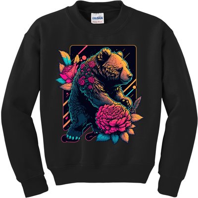 Design Featuring A Bear In Vibrant Neon Colors With A Retro Aesthetic Kids Sweatshirt