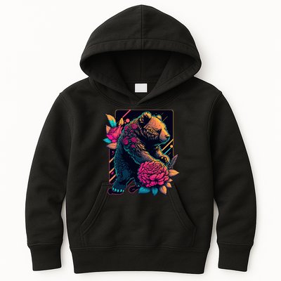 Design Featuring A Bear In Vibrant Neon Colors With A Retro Aesthetic Kids Hoodie