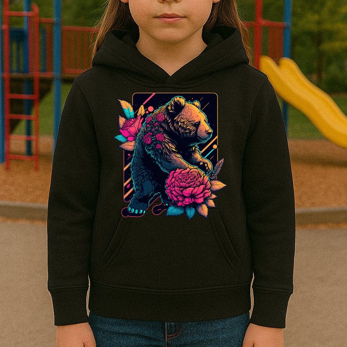 Design Featuring A Bear In Vibrant Neon Colors With A Retro Aesthetic Kids Hoodie
